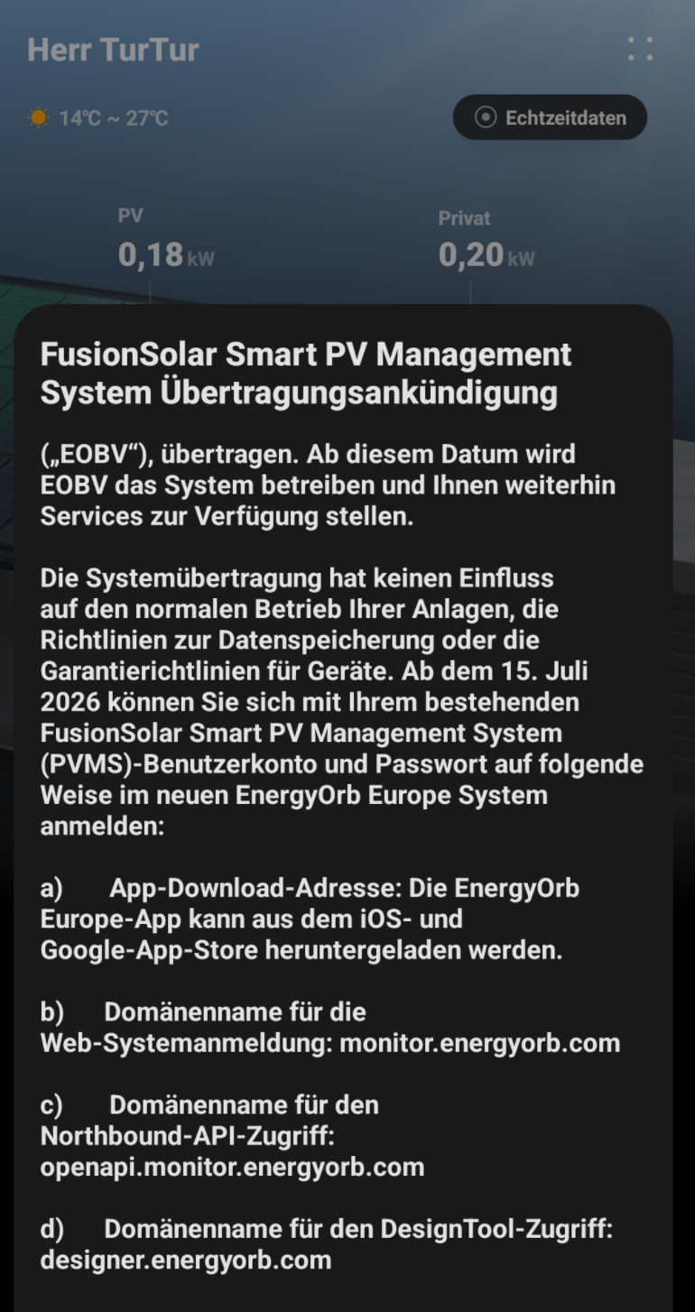 Leicht unvollständiges Bildschirmfoto aus der FusionSolar - App des Herstellers Huawei. Thema ist die Übertragung des europäischen Geschäftsfeldes von Huawei (China) an einen europäischen Marktteilnehmer. Im Text ist enthalten, dass eine App im PlayStore und im AppStore zu finden sei. Domainnamen sind genannt, deren Bedeutung nicht weiter erläutert wird.